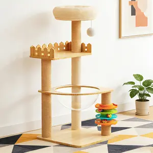 39.3" Modern Cat Tower, Wood Cat Tree Tower for Indoor Cats, Cat Treewith Sisal-Covered Scratching Posts and Top Perch, Cat Condo with Acrylic Hammock and Toys for Small Large Cats