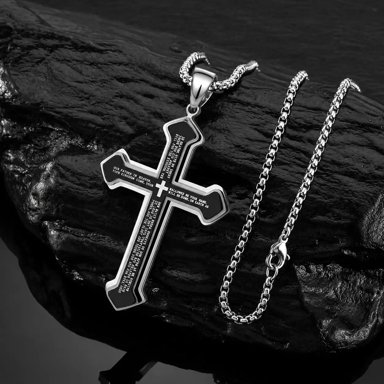 Men's Stainless Steel Nail Lord's Prayer Cross Pendant Necklace for Men | Large Pendant and Strong 23.62 Inch Chain
