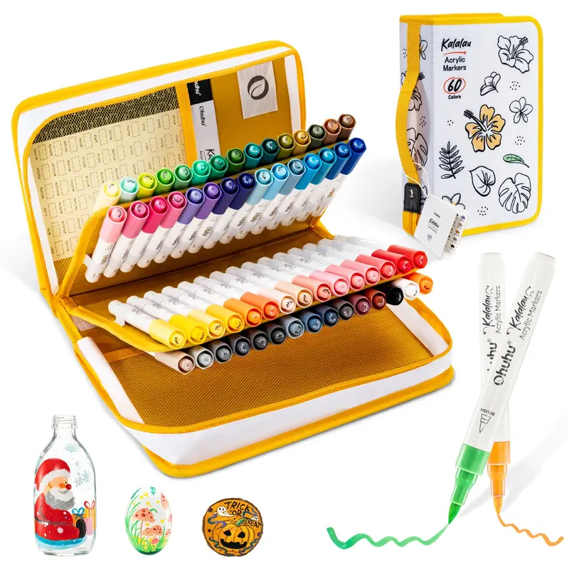 Ohuhu Acrylic Paint Markers: Brush Tip - 60 Colors - Large Ink Capacity-Kalalau High Opacity Acrylic Markers for Coloring Book Rock Painting Easter Egg Wood Glass Ceramic Canva Acrylic Paint Pens - Kalalau Series of Ohuhuart