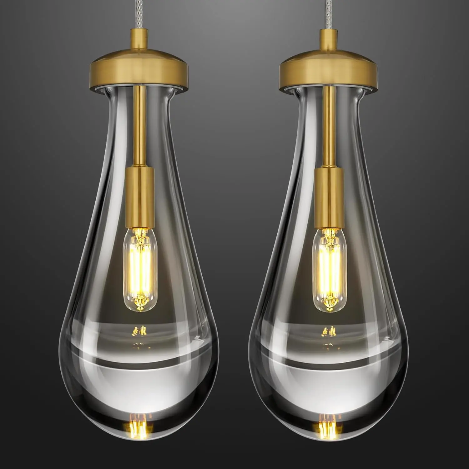 2-Pack 4.7in Clear Glass Raindrop Teardrop Pendant Lights, Modern Adjustable Cord Ceiling Lighting with Included Bulb for Kitchen Island, Dining Room