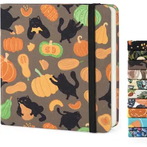 Handy Size 5 x 5 inches Sketch Book, 80GSM Acid Free Artistic Drawing Painting Writing Paper, Hardcover Cloth Cover Art Sketchbook,Journal Notebook.Pumpkin Cat
