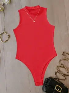 Women's High Stretch Round Neck Sleeveless One-Piece Jumpsuit, Basic Slim Fit Casual Commuter Wear, Comfortable Tight-Fitting Bodysuit