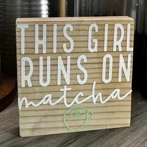 Matcha Bar Decor - Wooden Sign with "This Girl Runs on Matcha" Quote and Green Cup Icon for Home Decor