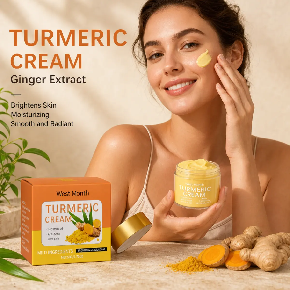 WESTMONTH Turmeric Brightening Tea Tree Face Cream - Gentle Mild Repair Moisturizer for Dull Dry Acne-Prone Skin, Deep Moisture, Even Skin Tone, Lightweight Non-Greasy Daily Skincare, Hydrate, Facial, Evening, Skin Repair