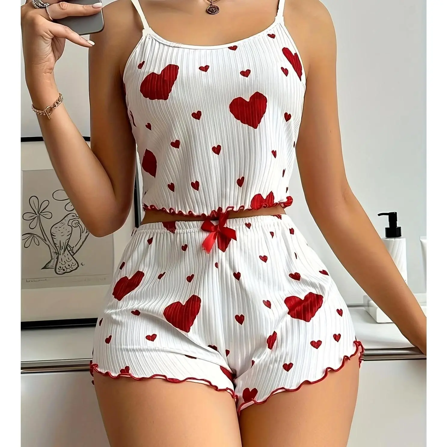 Women's 2-Piece Pajama Set, Casual Love Print Loungewear with a Soft Crop Tank Top and Shorts, Ventilated Sleepwear, Pj Sets For Women, Pajamas Sets