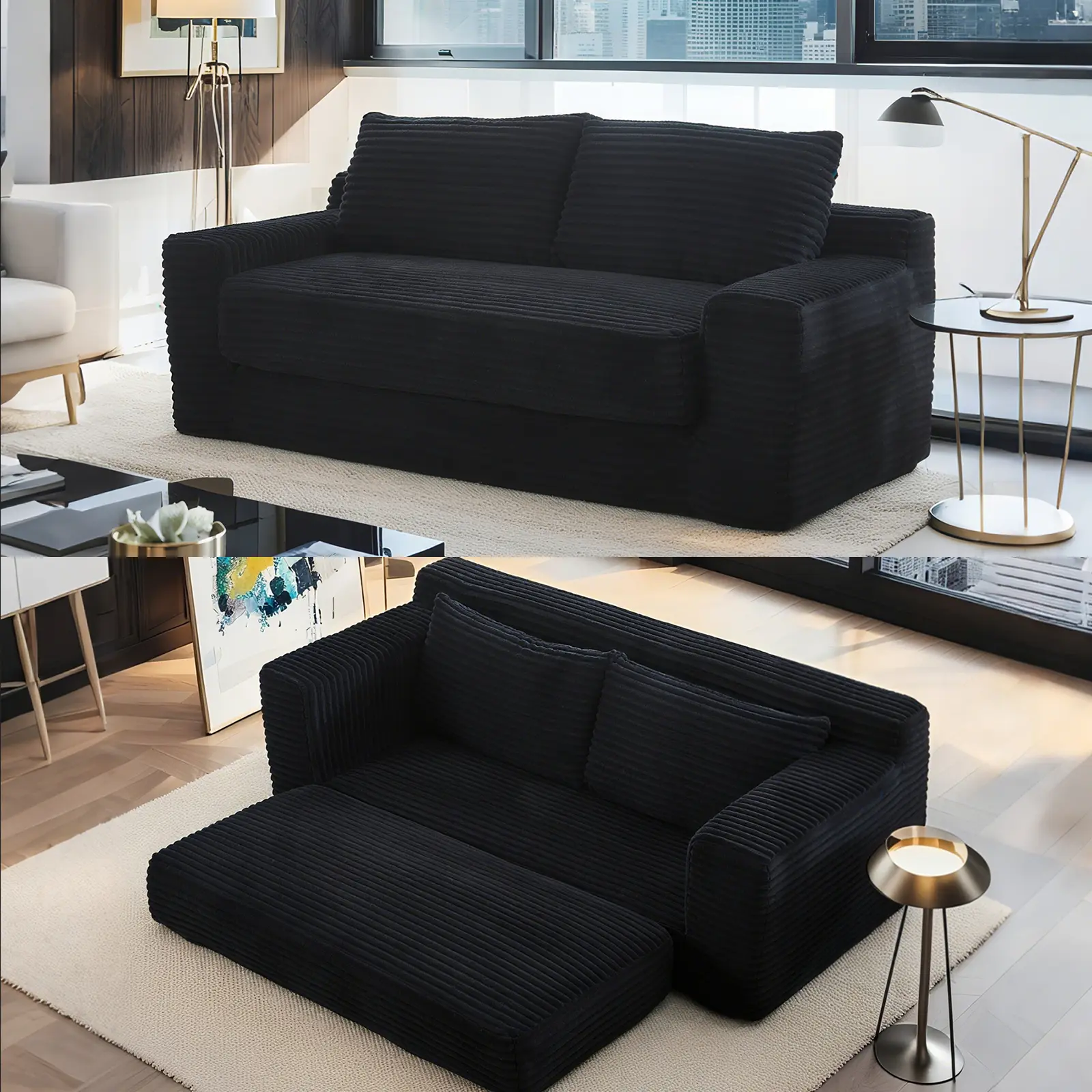 56" Sofa Couch, 2 in 1 Convertible Sleeper Sofa Bed, Corduroy Cloud Loveseat Sofa, Memory Foam Couch in a Box,No Assembly Small Sofa for Living Room,Apartments, Home Office,Bedroom