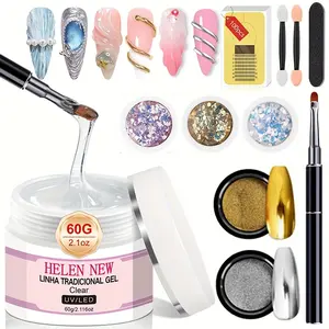 Helen New Traditional Linha Clear Nail Extension Gel - 60g LED-Hardened Fiber, Acrylic Nail Brush & 100pcs Nail Tips | Perfect for Nail Repair & Base Protection | Glass-like Nail Gel | High-Quality Nail Extension & Nail Polish