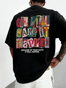 Men's Vintage Patchwork Letter Print T-Shirt, Street Style Retro Design, Casual Short Sleeve Top, Trendy Faithful Fashion