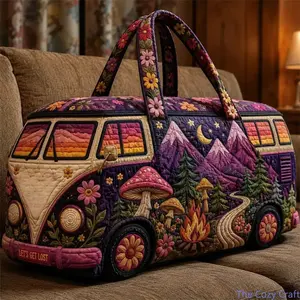 Quilted Boho Hippie Van Duffel Bag for Women, Purple Mountain Mushroom Large Capacity Weekender Travel Bag, Overnight Carry On Tote for Camping Road Trips Gym Vacation