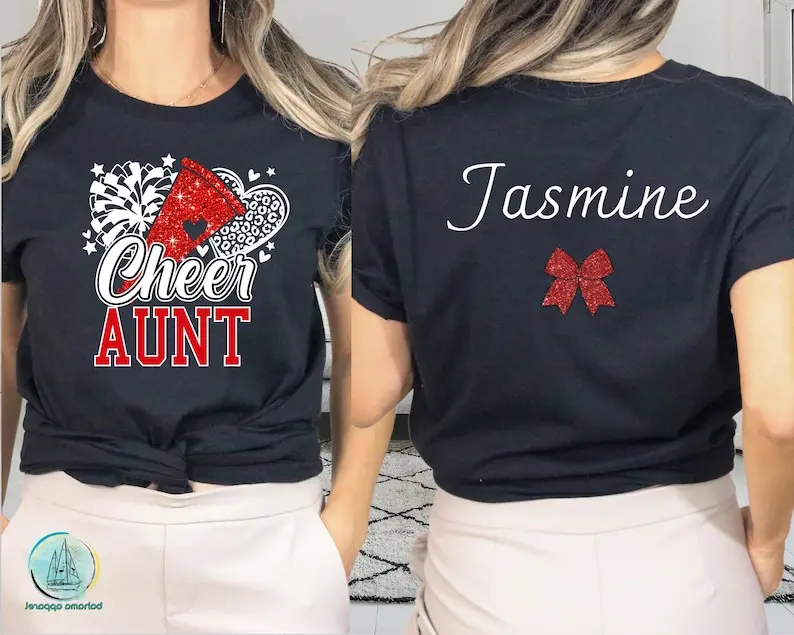 Cheer Aunt Shirt, Cheer Aunt Tee, Cheer Aunt Gift, Custom Cheer Tee, Custom Cheer Aunt Faux Glitter Shirt, Cheer Aunt with Name Shirt
