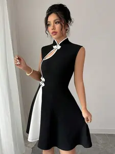 Women's Elegant Polo Collar Color Blocking Dress with Button Design Black Sleeveless Mini A Line for Formal & Evening Events Casual Fabric Slim Fit - Womenswear