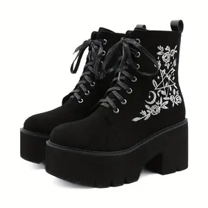 [Gothic Combat Boots] Waterproof Black Gothic Combat Boots for Women - Chunky Heel, Lace-Up with Side Zipper, Stylish Floral Embroidered Mid-Calf Boots, All-Season Punk Fashion Shoes, Casual Punk Boots | Laceup Combat Boots | Rubber Sole Bo