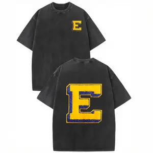 Vintage Varsity Letter E Washed Black Tee "Chenille Patch" Front & Back Print Retro College Streetwear Shirt oversized tshirt women