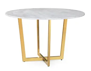 Maxim White Marble Dining Room Table, Handmade by Skilled Craftsmen, Seats 6, Gold Steel Base, Minor Assembly Required
