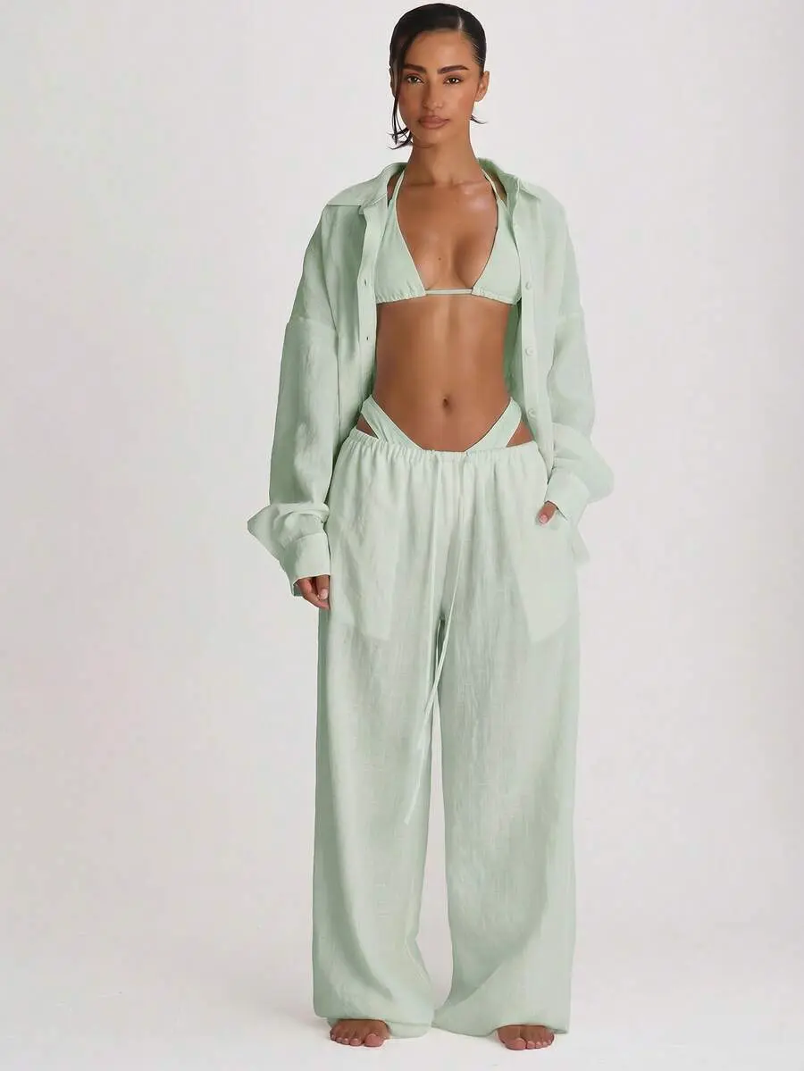 Resort Drawstring Wide Leg Linen Trousers Cover Up Swim Vacation Holiday Summer Travel Beachwear Basics Hen Do Bridal Bachelorette Solid Colour Resort Core