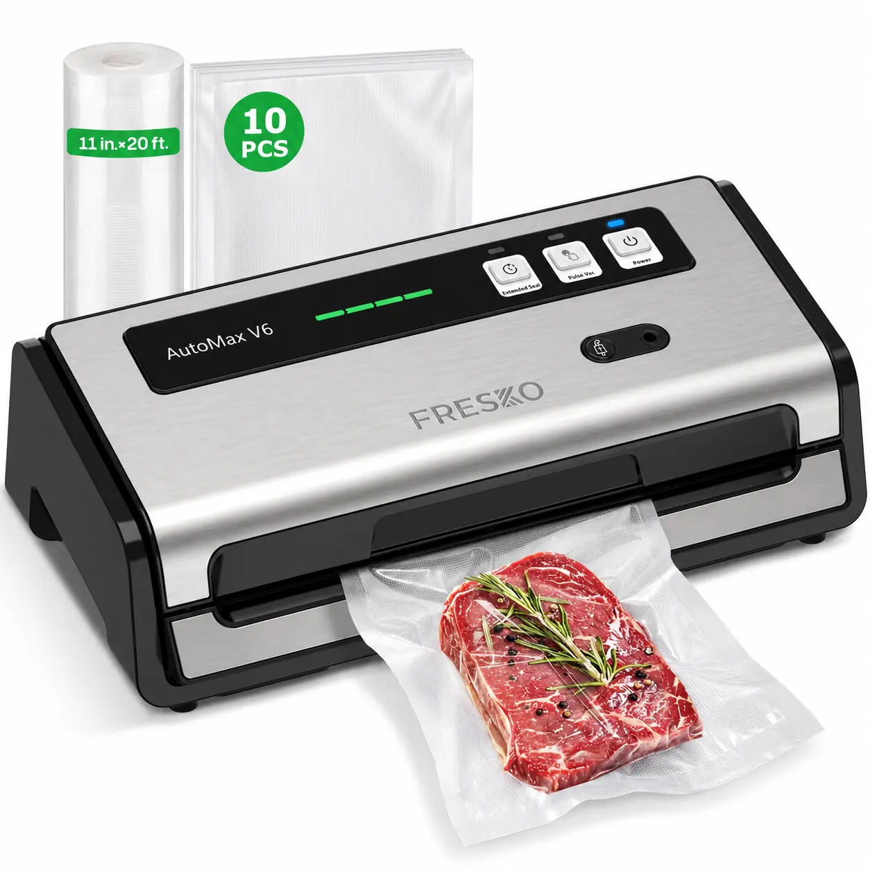 FRESKO AutoMax V6 Automatic Food Vacuum Sealer Machine, 120V~ Corded Device with Automatic Sealing System, Leak-Resistant Wide Double Heat Seals, Built-In Roll Storage & Cutter, Included Bags & Rolls, Leakproof Freshness-Maintaining Kitchen Essential, 120