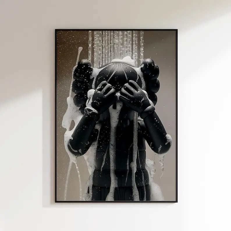Black Kaws in Shower, HypeBeast Poster, Bathroom Wall Art