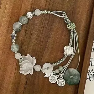 Elegant Chinese Green Lotus Beaded Bracelet, 1pc Handwoven Rope with Vintage Floral Charms, Simple No Plating Jewelry for Daily Wear & Gift Giving - All Seasons