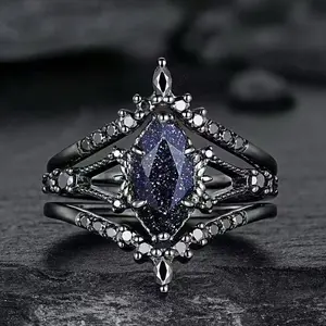 Gunmetal Vintage Three Piece Ring Set Starry Crystal Black Knight Jewelry Elegant Fashion Statement Rings