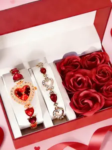 2-piece ladies' high-value fashionable heart-shaped diamond design Analog Display trendy Valentine's Day Quartz Movement quartz watch gift bracelet set