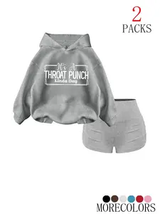 Women's Two-Piece Letter Print Drop Shoulder Hoodie Sweatshirt, Fitted Regular Length, Casual Drawstring Pocket Design, All-Season Comfortable Top