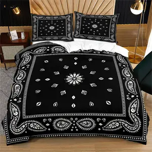 Black & White Bandana Paisley Duvet Cover Set 2/3 Piece (1 Duvet Cover + 1-2 Pillowcases, No Comforter Included), Streetwear Style Bedding for Teens & Adults Bedroom