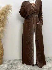Women's Rhinestone Decor Belted Modesty Abaya, Modest Long Sleeve Open Front Abaya for Daily Wear, Women's Islamic Clothing for Spring & Fall
