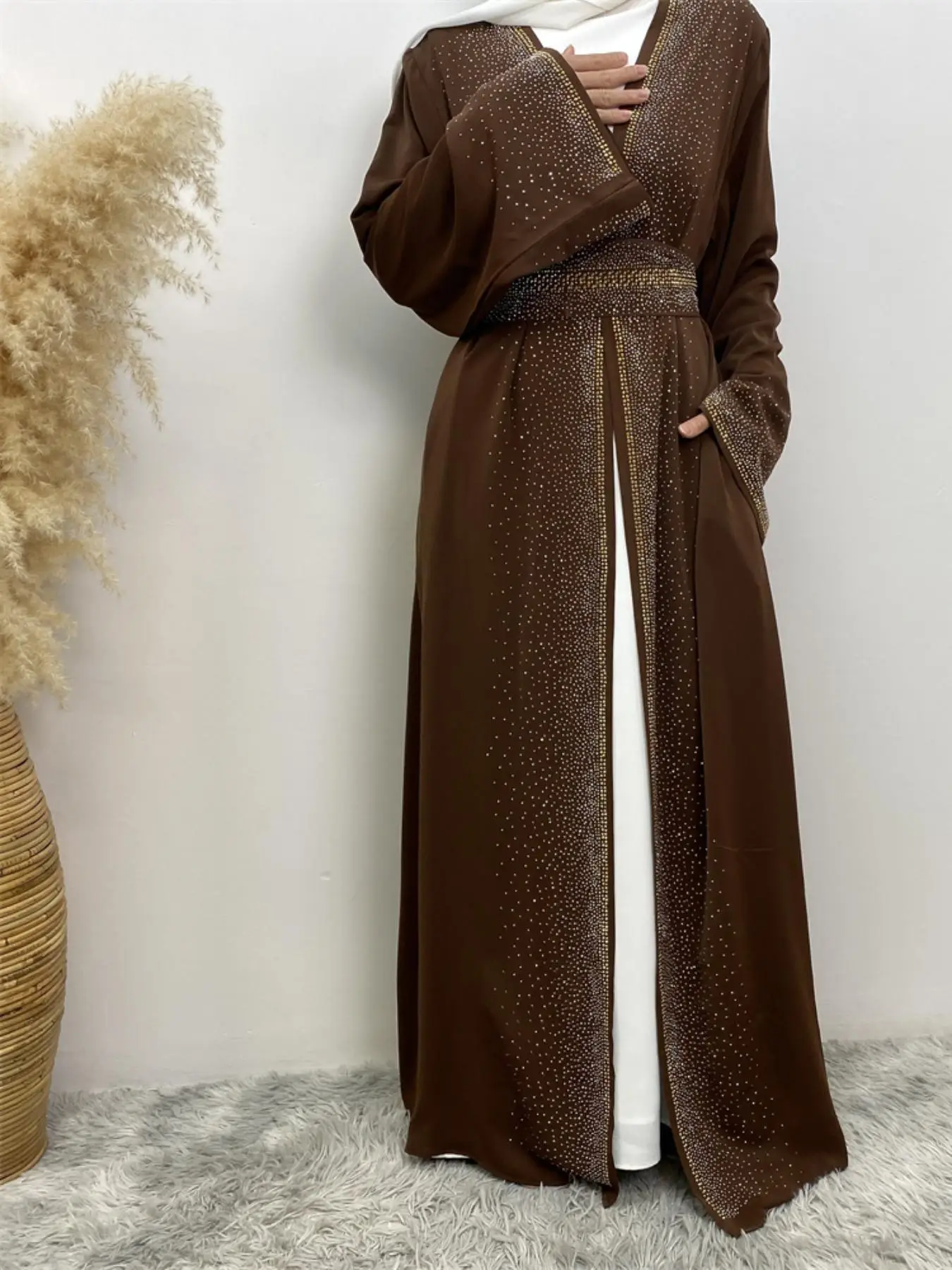 Women's Rhinestone Decor Belted Abaya, Modest Long Sleeve Open Front Abaya for Daily Wear, Women's Islamic Clothing for Spring & Fall