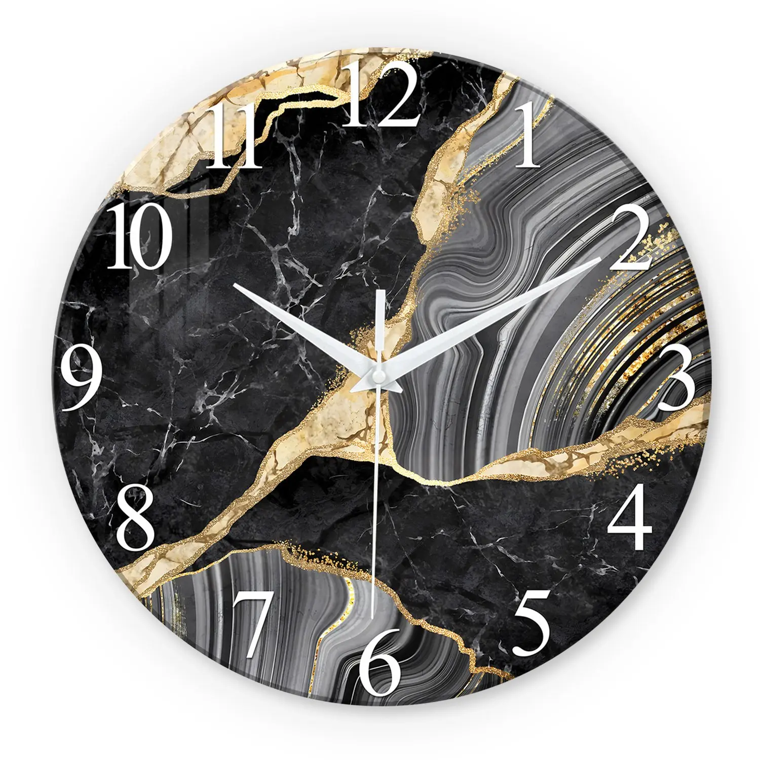 Crack Marble Pattern Gold Accents Tempered Steel Decorative Wall Clock, 12-14 Inch Trim, Silent Round Clock, Aa Battery Powered, Living Room Office Bedroom Home Decor