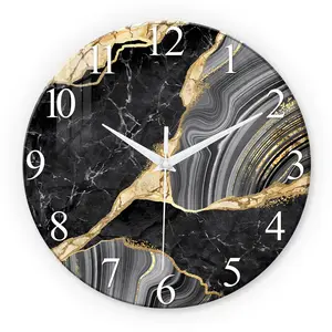 Crack Marble Pattern Gold Accents Tempered Steel Wall Clock, 12-14 Inch Trim, Silent Round Clock, Aa Battery Powered, Living Room Office Bedroom Decor