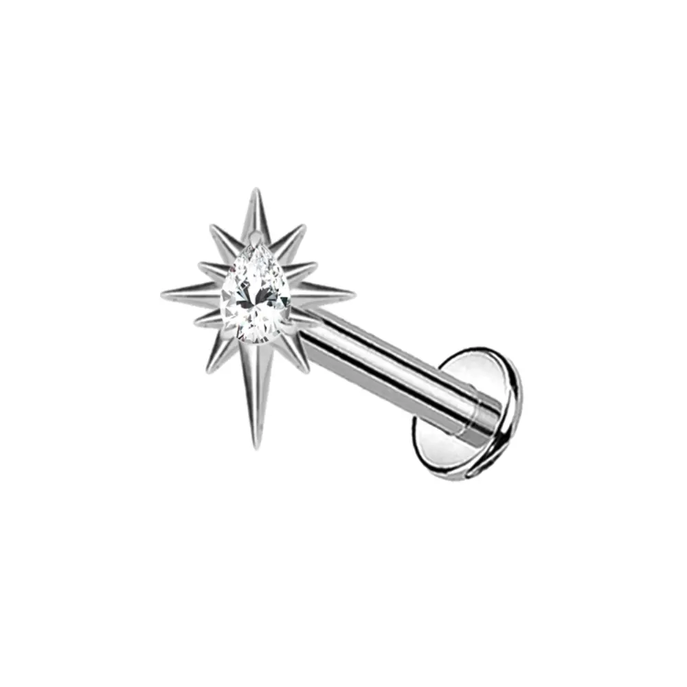 Internally Threaded Spiked CZ Crystal Teardrop Flat Back Stud - ASTM F-136 Implant Grade Titanium