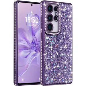 Case for Samsung Galaxy S25 Ultra,Glitter Crystal Diamond Rhinestone Sequin Shiny Bling Sparkly Glossy Luxury Electroplated,Aesthetic Cute Full Protection for Samsung Galaxy S25 Ultra,Purple Luxury Electroplated iPhone Case