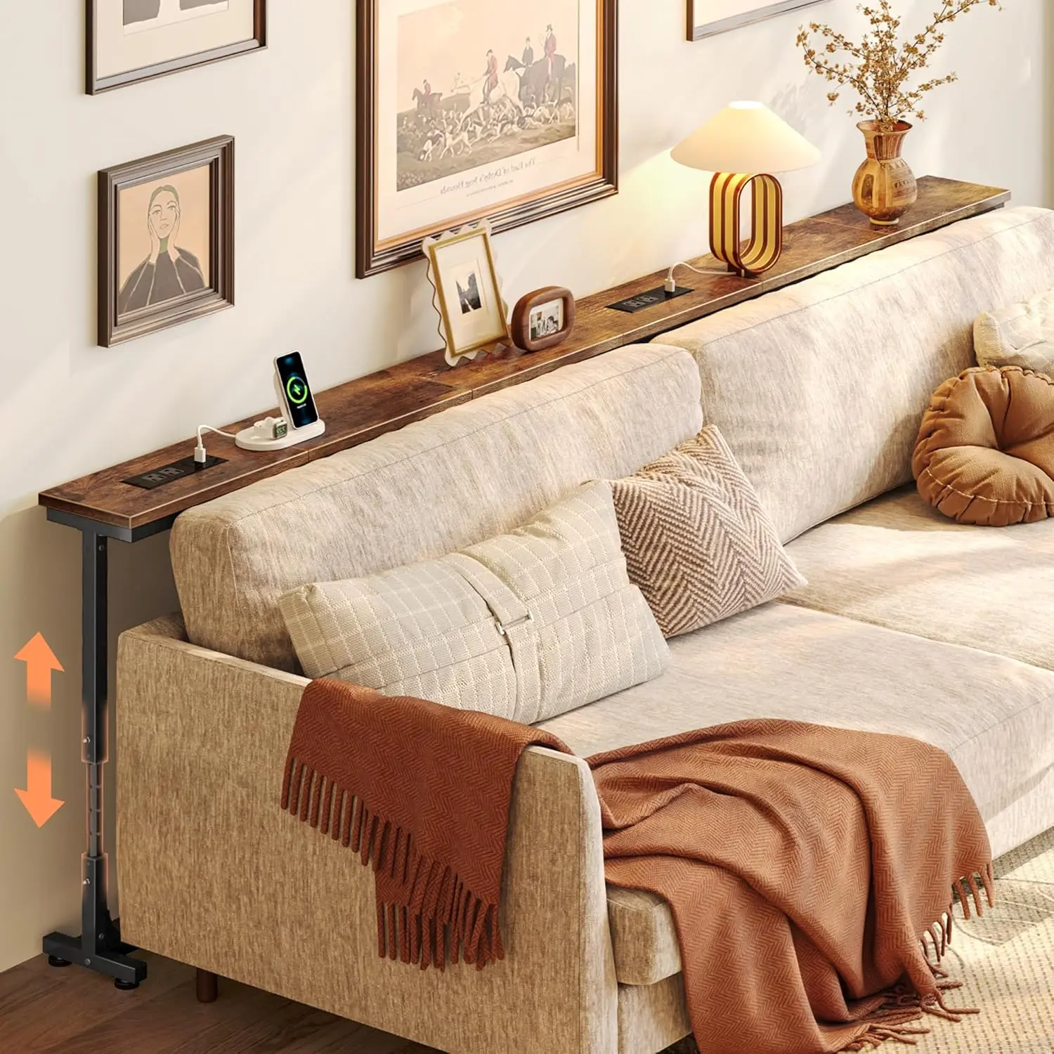 78.7 Inch Behind Couch Table with Power Outlets, 23.9’’-34.4’’ Height Adjustable Range, Sofa Tables Narrow Long with USB-C Ports, Skinny Console Table, for Small Spaces, Rustic Brown
