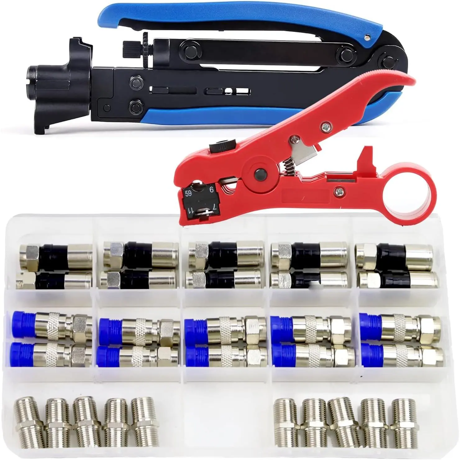 Coax Cable Crimper Kit Coaxial  Tool F RG6 RG59 RG11 75-5 75-7 Fitting Wire Coax Stripper 20 count F Male And 10 count Female Connectors