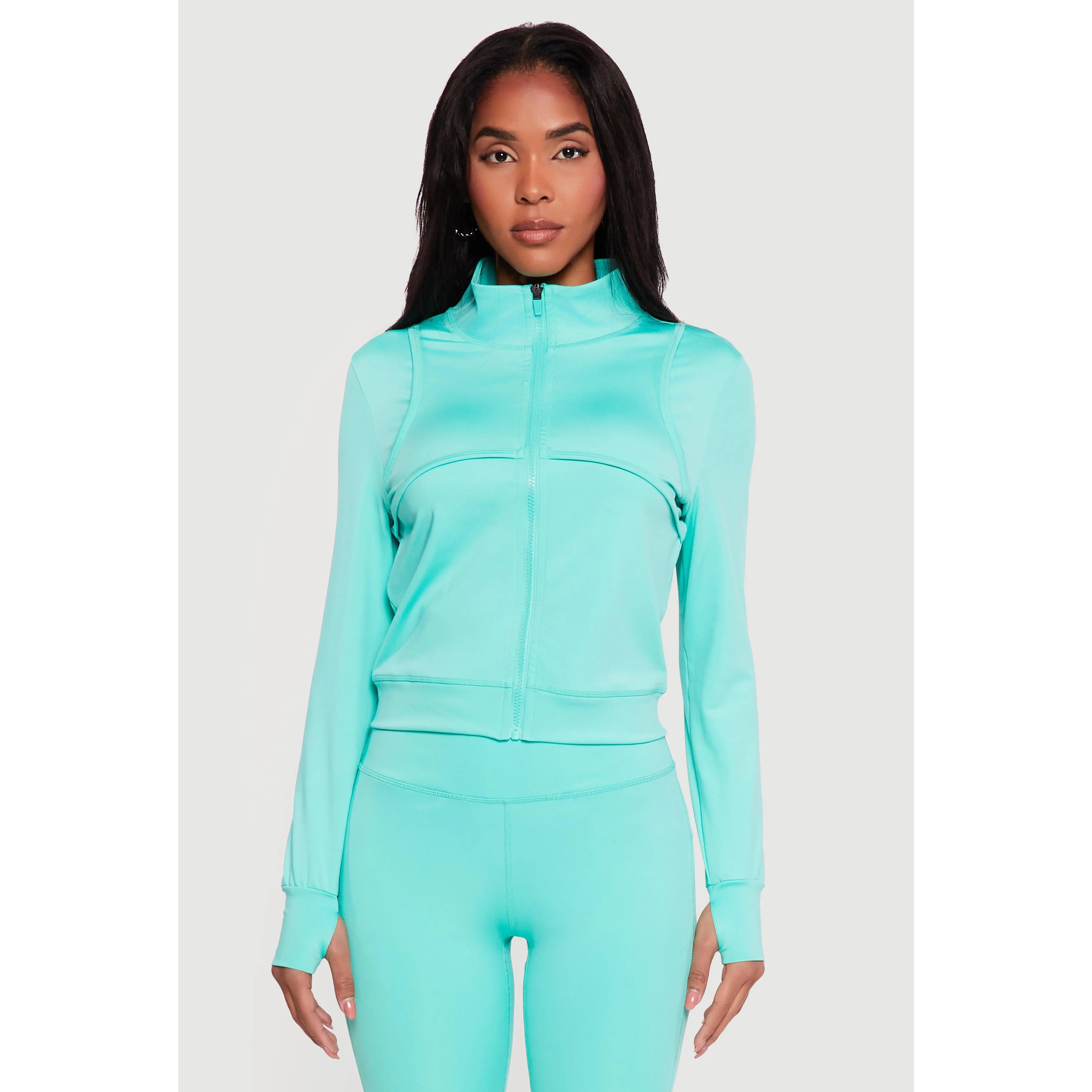 Solid Zip Front Activewear Jacket with Thumb Holes