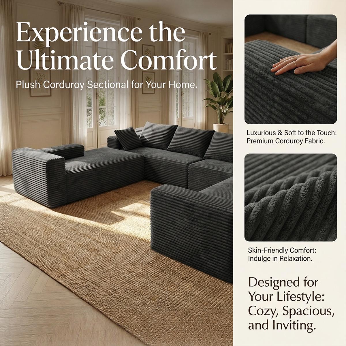 Pre-Assembled U-Shaped Modular Corduroy Sectional Couch - Soft Fabric, Space-Saving Indoor Living Room Furniture, Convertible Sofa Bed with Memory Foam Pillow, Fluffy Black
