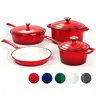 [New Colors] Kitchen Academy Enamel Cast Iron 7 Piece Cookware Set, Dutch Oven Pot with Lid, Red Non Stick Pots and Pans set, Oven Safe up to 500°F Cooking Modern