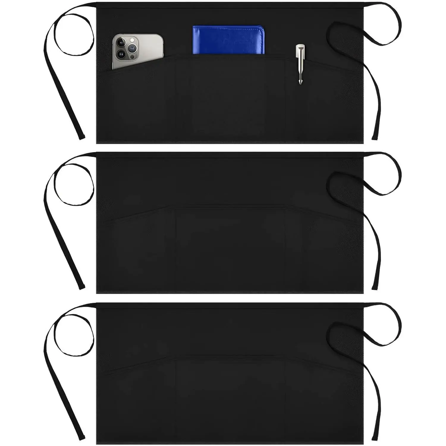 3 pack server aprons with 3 pockets, waterdrop resistant waitress waiter waist apron, 11.5-inch black