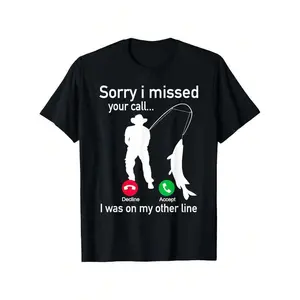 Fishing Phone Call with Fishing Line - Funny Fish Fisherman T-Shirt Printed short sleeved T-shirt shirts For Men Womens Shirts Men's Short-Sleeved Soft Outdoor Print Tee Shirt Funny Printed t0207 Streetwear Classic