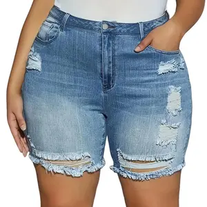 2024 Summer Women's High Stretch Fabric Hole Breaking Large Size Denim Shorts  Jean Womenswear Breathable Cotton Casual Pants