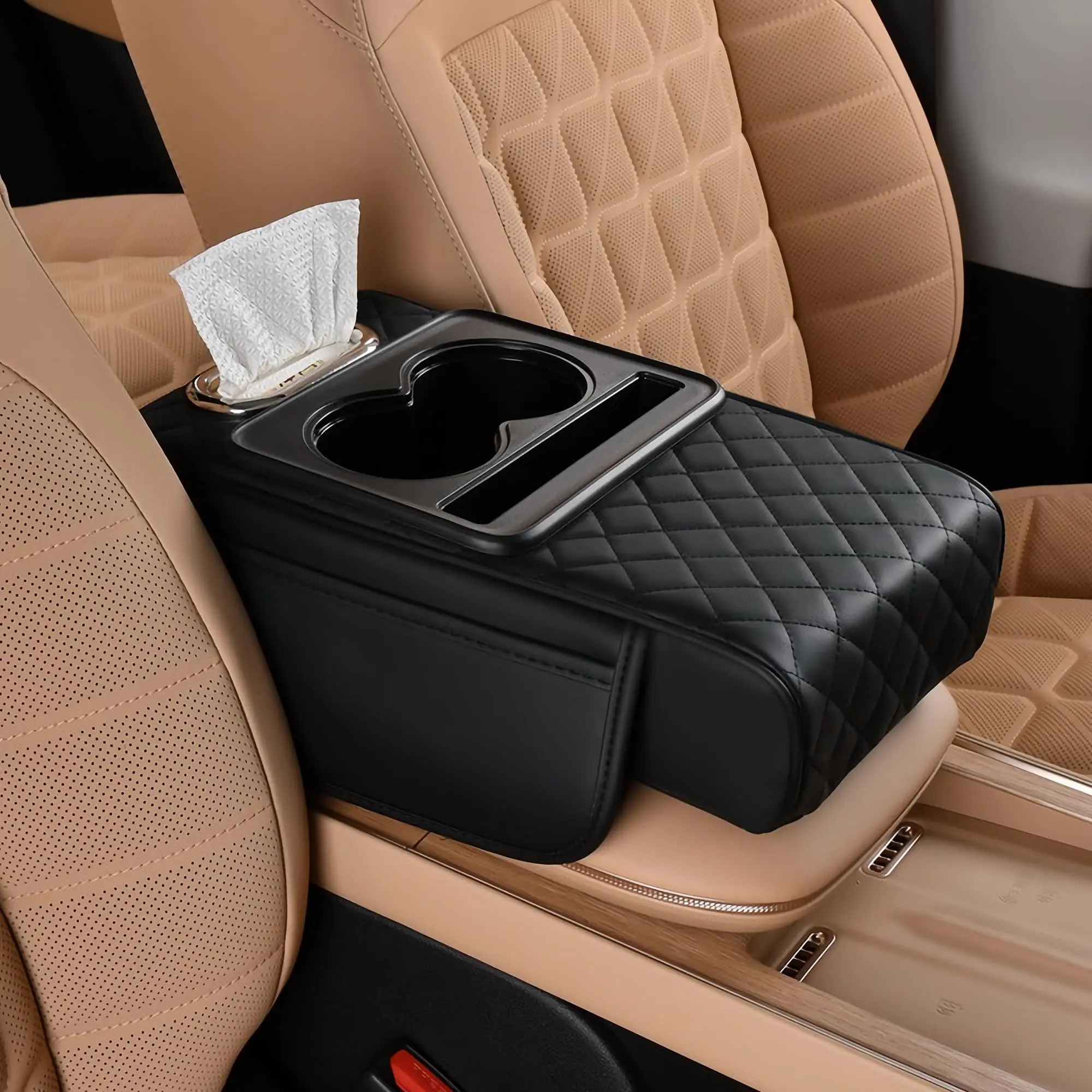 Luxury Universal Leather Car Armrest Cover - Waterproof Interior Accessories with Storage Box, Cup Holder, Tissue Box, Phone Slot for Car Stowing & Tidying, Black