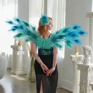 Ocean Dream Peacock Fairy Wings & Cuffs - Handmade Genuine Peacock Feather Wings for Halloween, Cosplay, Masquerade, Festivals, and Photo Shoots