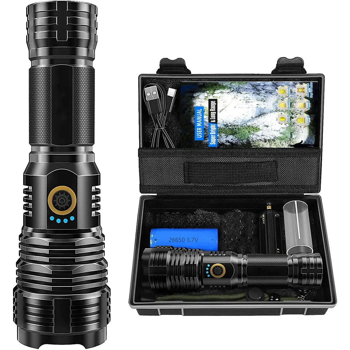 Rechargeable Flashlight Set, High Lumens LED Torch with 5 Modes, Strong ...