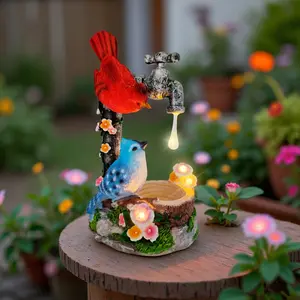 Solar Cardinal Bird Statue with Bird Feeder, 12inch Resin Garden Decor Color Changing Faucet Fountain Figurine Light, Red & Blue Bird Ornaments for Outdoor Yard Patio Porch Balcony, Home Decoration Mom Gifts, Bird Motif