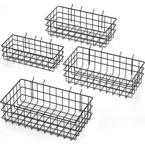 4 Pack Square Style Black Metal Wire Basket Set for Peg Board Organizing Tools & Garage Wall Storage Attachments Organiser