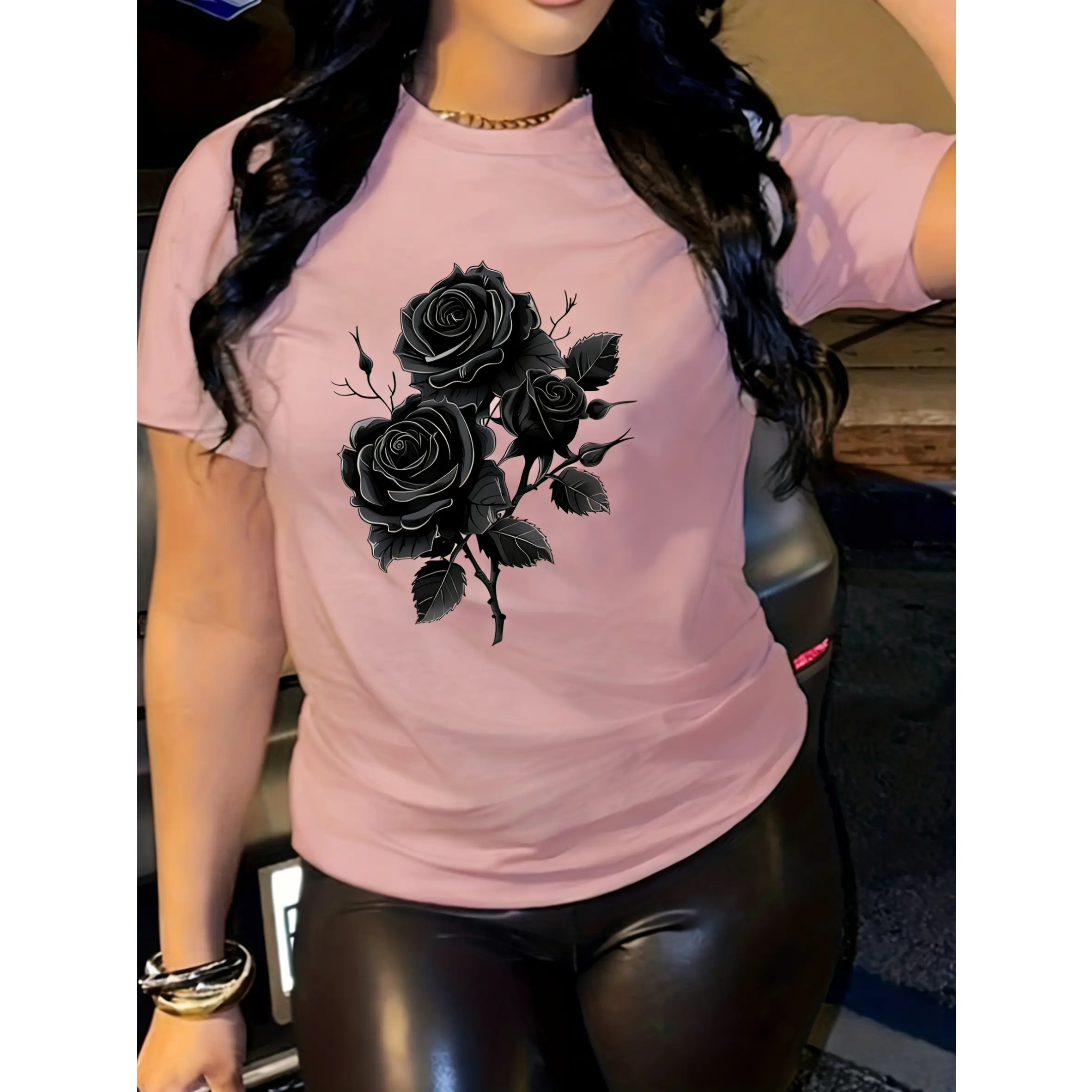 Women's Oversized 100% Cotton Short-Sleeve T-Shirt - Smooth Fabric, Casual Rose Print, Round Neck, Unisex Fit for Valentine's Day, Shortsleeve, Valentines Day, Wardrobe Staples, Asymmetrical, True Size, All Seasons, Christmas, Tshirt, Tee, Printed, Graphi