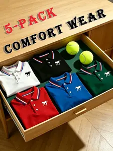 Men's Polo Shirts 5-Pack, Casual Fashion Home Wear, Classic Business Style, Solid Horse Print, Striped Collar, Breathable Comfort, Golf Shirts, Multiple Colors