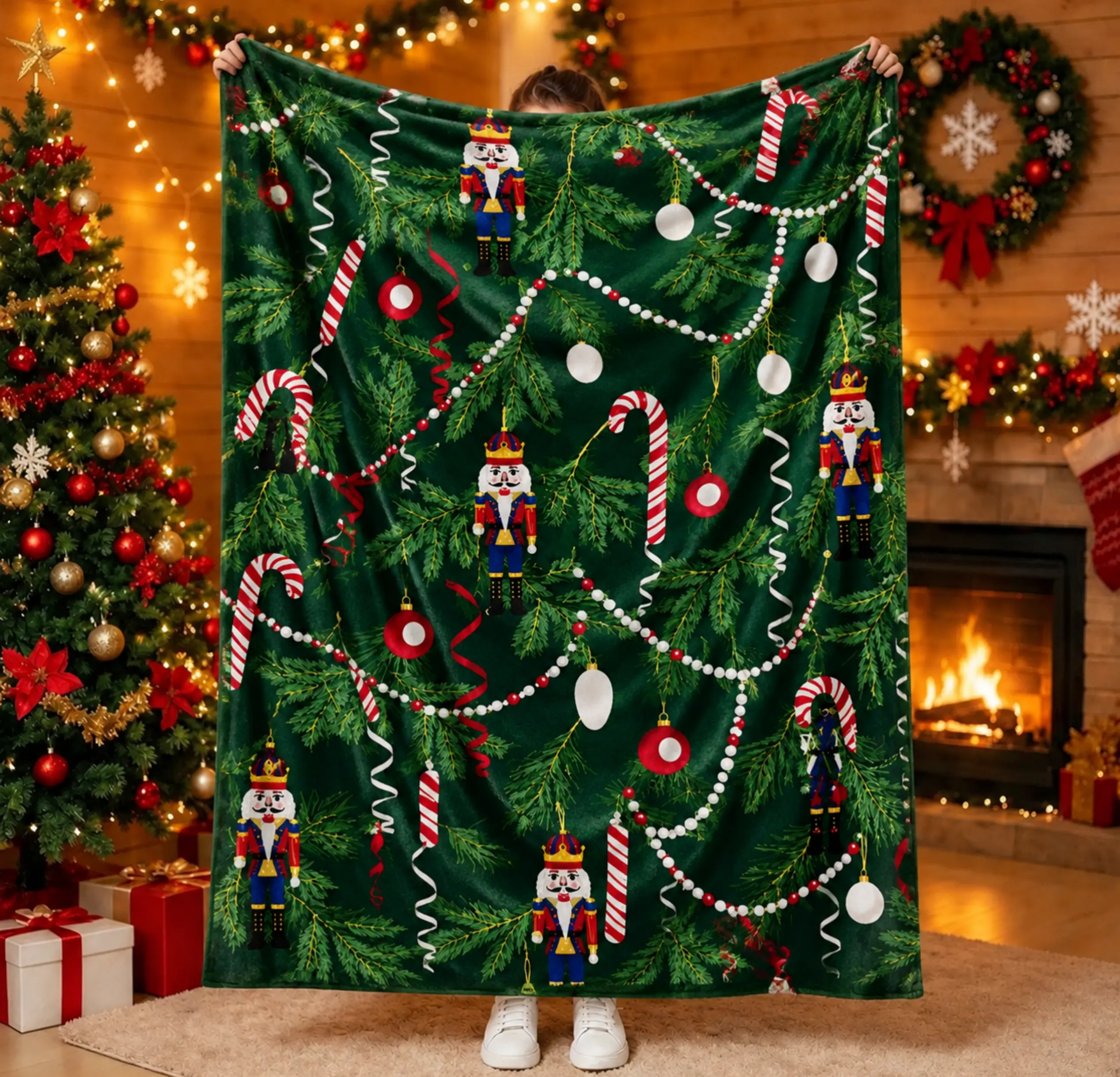 Enchanted Christmas Nutcracker & Tree Print Blanket - Micro Flannel Fabric Animal Theme Home Decor Item, Multi-Size Indoor/Outdoor Bedding Throw for Holiday Coziness