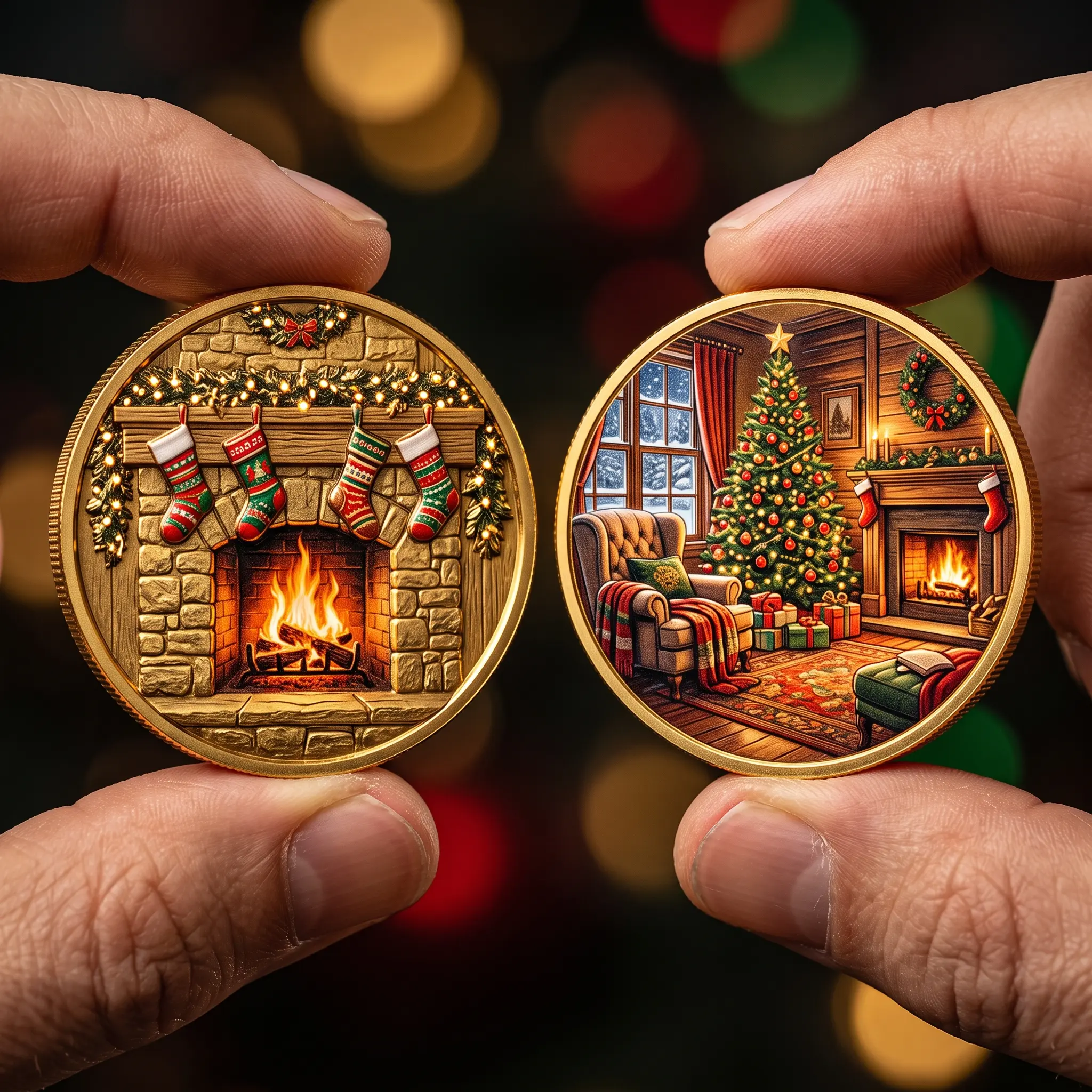 Christmas Fireplace Metal Coin - Cozy Holiday Tree Token, Festive Home Decor, Unique Collectible Gift for Winter Art Lovers