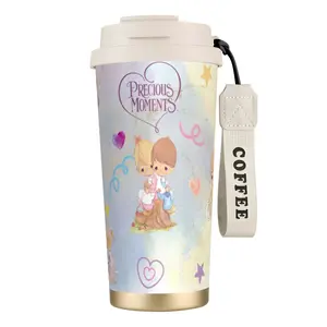 Stylish 316 Stainless Steel Thermal Vacuum Insulated Flask - Leak-Proof Portable Coffee & Water Bottle with Sweet Angelic Character, Lid, Carry Strap, Insulation, Dual-Tumbler Design for Travel, School